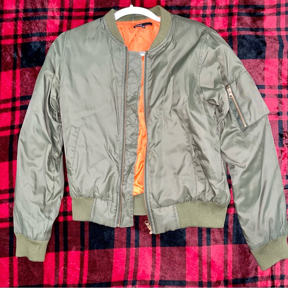 Olive Green Bomber Jacket with Orange Lining - Women's